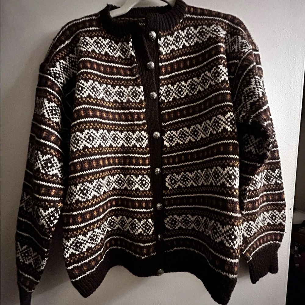 Nordic Patterned 100% Wool Button Up Sweater Size M Vintage Knit Cardigan - Picture 1 of 5